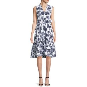 Kate Spade Womens Dress Shadows Poplin Midi Navy Blue White Floral Flounce XL